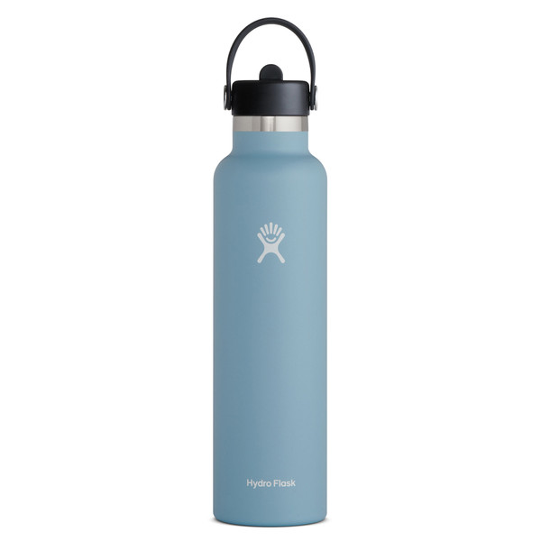 A light blue 24 ounce stainless steel Hydroflask water bottle with straw lid and handle strap.